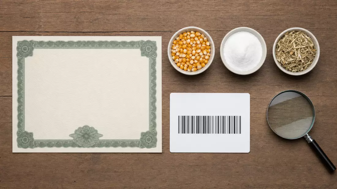 Flatlay mit Aktienzertifikat, Barcode-Karte und Lebensmittelzutaten auf Holztisch