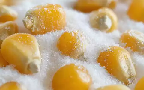 Tate & Lyle PLC (GB0008707753) Makroaufnahme von goldenen Maiskörnern mit feinem weißem Süßstoffpulver bedeckt - Foto: THN