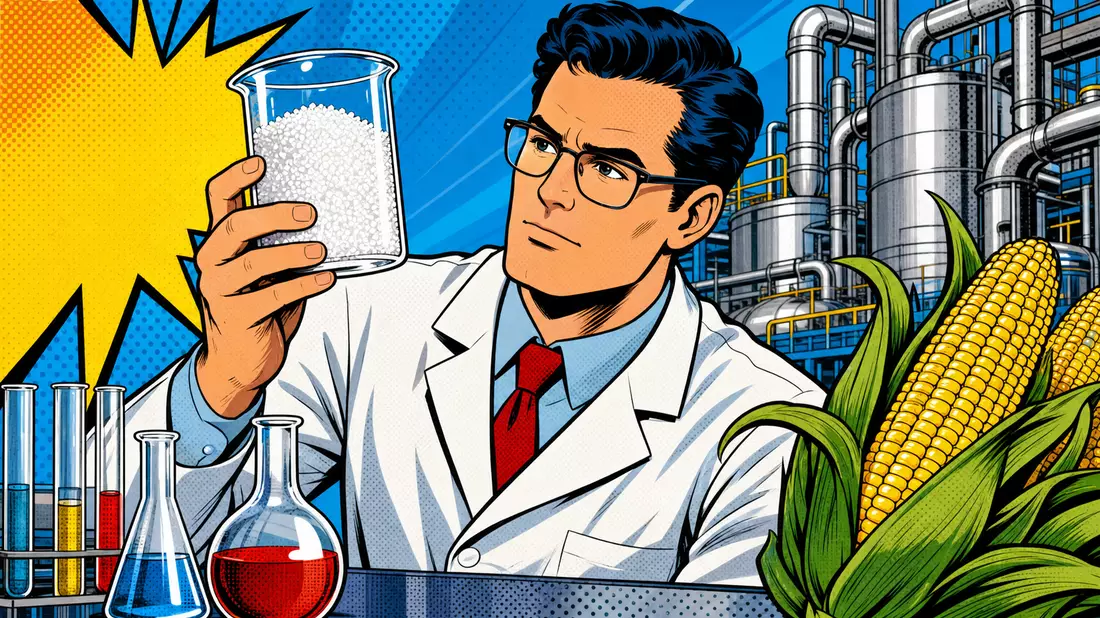 Pop-Art-Comic mit Wissenschaftler, Laborglas und Maiskolben vor Fabrik