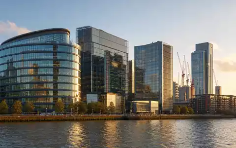 Fotorealistisches Bild moderner Bürohochhäuser in London zeigt Derwent London plc GB0002652740 Immobilienportfolio - Foto: THN