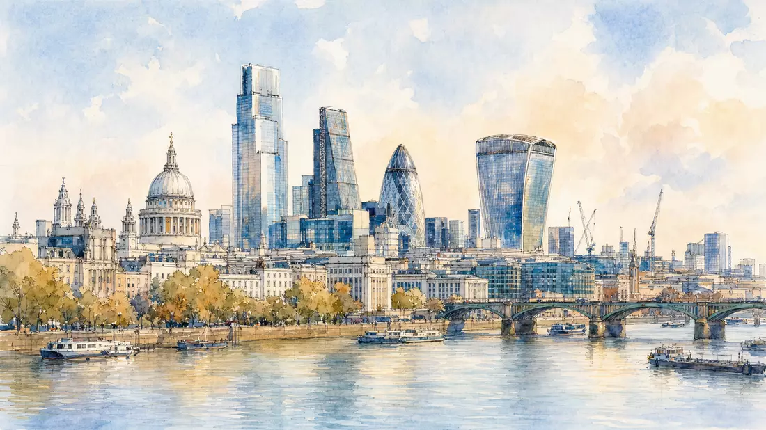 Aquarellbild der Londoner Innenstadt mit Bürogebäuden und Fluss