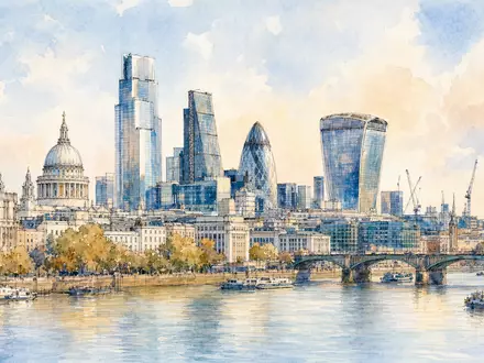 Aquarellmalerei zeigt Londoner Skyline und Bürogebäude als künstlerische Hommage an Derwent London plc GB0002652740 - Foto: THN