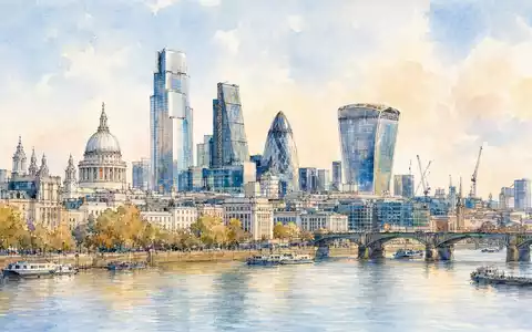 Aquarellmalerei zeigt Londoner Skyline und Bürogebäude als künstlerische Hommage an Derwent London plc GB0002652740 - Foto: THN
