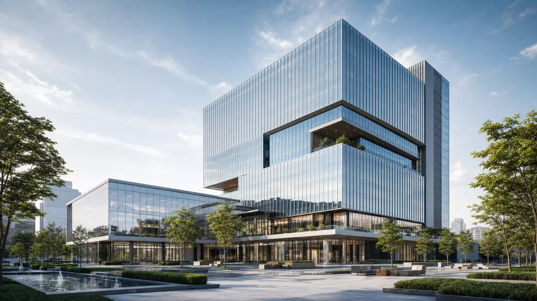 3D-Architektur-Render eines modernen Bürogebäudes mit Glasfassade