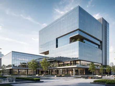 Architektonisches 3D-Render eines modernen Bürohochhauses repräsentiert Immobilienstrategie von Derwent London plc GB0002652740 - Foto: THN