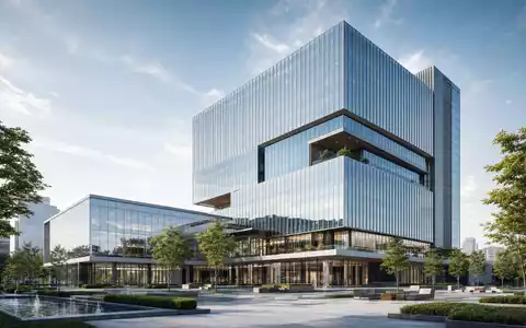Architektonisches 3D-Render eines modernen Bürohochhauses repräsentiert Immobilienstrategie von Derwent London plc GB0002652740 - Foto: THN