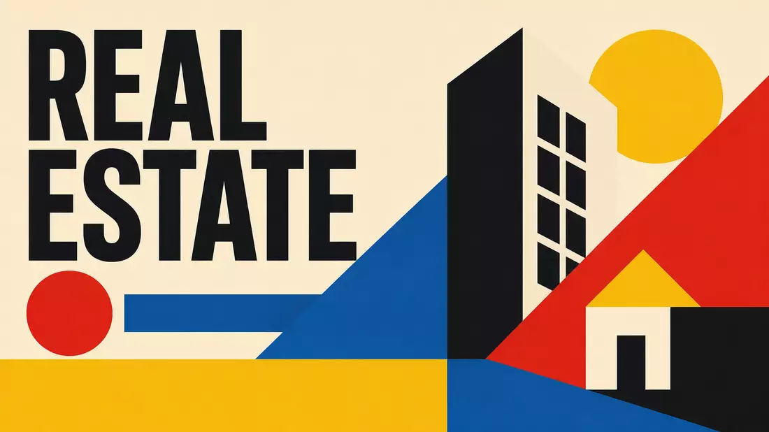 Bauhaus-Poster mit geometrischen Formen und Schriftzug REAL ESTATE