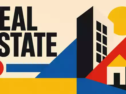 Bauhaus-Poster mit geometrischen Formen und Text REAL ESTATE illustriert Sektor von Derwent London plc GB0002652740 - Foto: THN