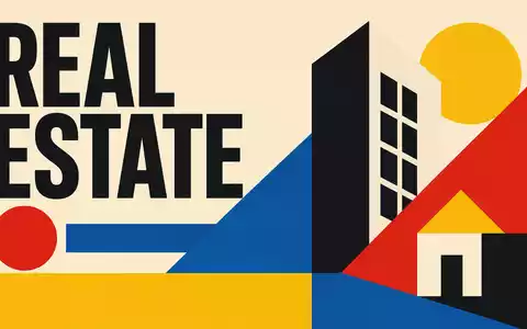 Bauhaus-Poster mit geometrischen Formen und Text REAL ESTATE illustriert Sektor von Derwent London plc GB0002652740 - Foto: THN