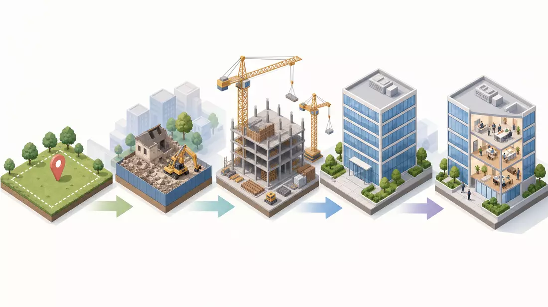 Isometrische 3D-Grafik einer Wertschöpfungskette im Immobiliensektor