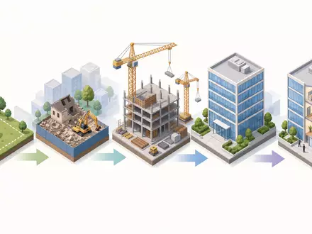 Isometrische 3D-Illustration der Immobilien-Wertschöpfungskette veranschaulicht anschaulich das Geschäftsmodell von Derwent London plc GB0002652740 - Foto: THN