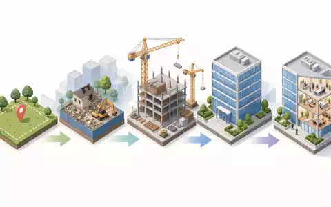 Isometrische 3D-Illustration der Immobilien-Wertschöpfungskette veranschaulicht anschaulich das Geschäftsmodell von Derwent London plc GB0002652740 - Foto: THN