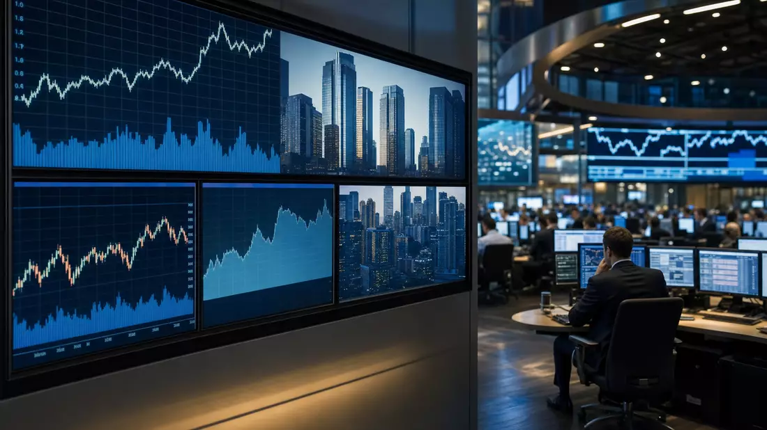 Trading-Floor mit Bildschirmen und Charts zum Immobiliensektor