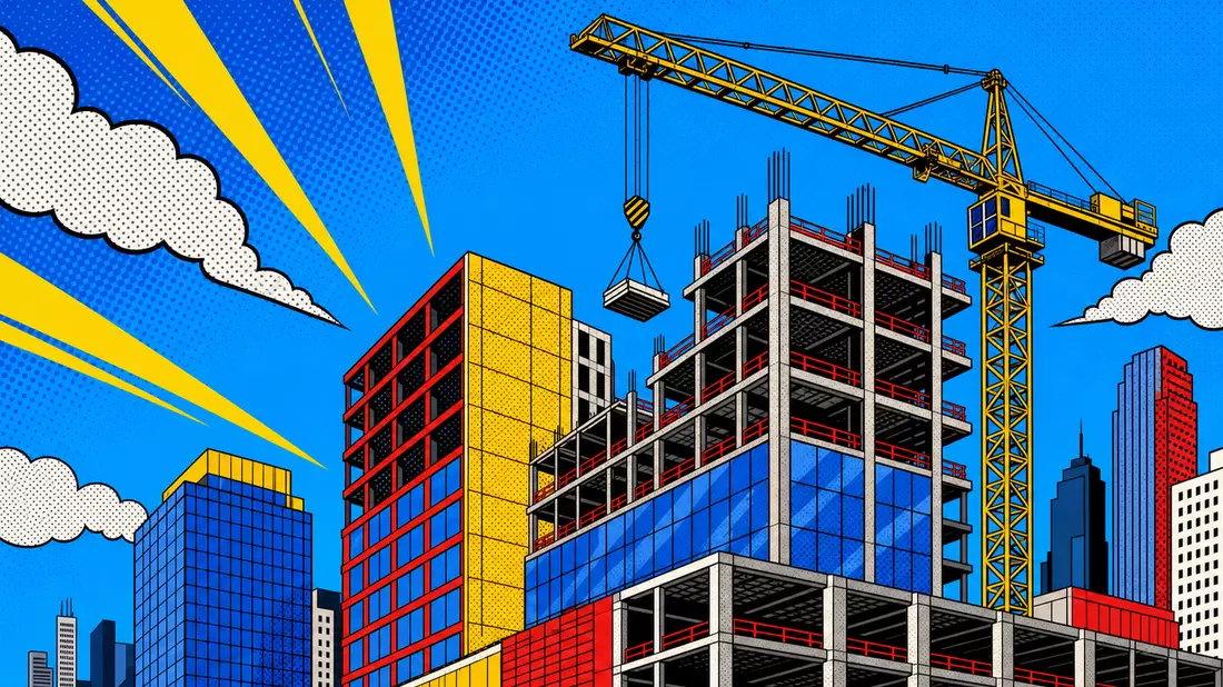 Pop-Art-Comicillustration von Bürogebäuden und Baukran in Farben