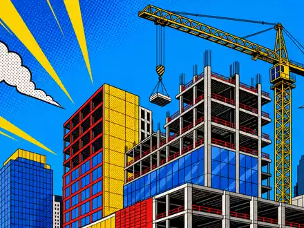 Pop-Art-Comicszene mit stilisierten Bürogebäuden und Baukran zeigt Branche von Derwent London plc GB0002652740 - Foto: THN