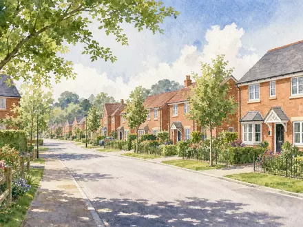 Bellway p.l.c. (GB0000904986) inspiriert dieses Aquarellbild einer britischen Wohnstraße mit neuen roten Ziegelhäusern - Foto: THN