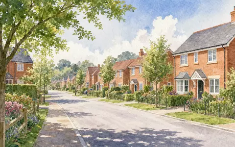Bellway p.l.c. (GB0000904986) inspiriert dieses Aquarellbild einer britischen Wohnstraße mit neuen roten Ziegelhäusern - Foto: THN
