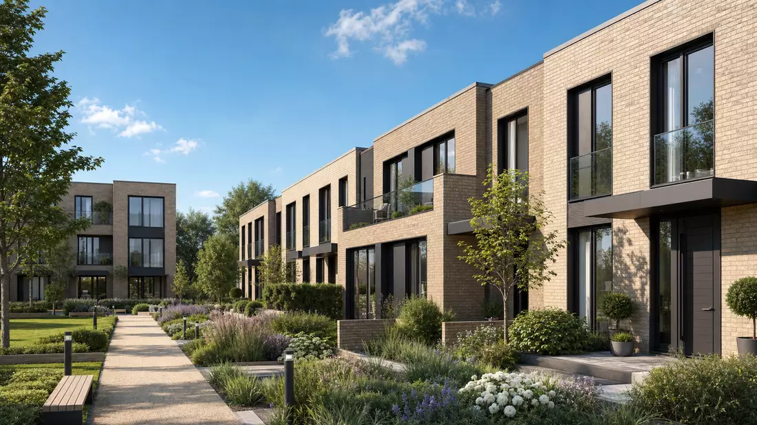 Architektonisches Render moderner Reihenhäuser mit begrünten Gärten