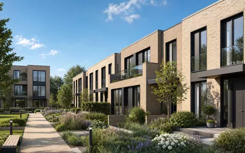 Bellway p.l.c. (GB0000904986) reprÀsentiert modernes Architektur-Render einer neuen Wohnsiedlung mit GÀrten und Wegen - Foto: THN