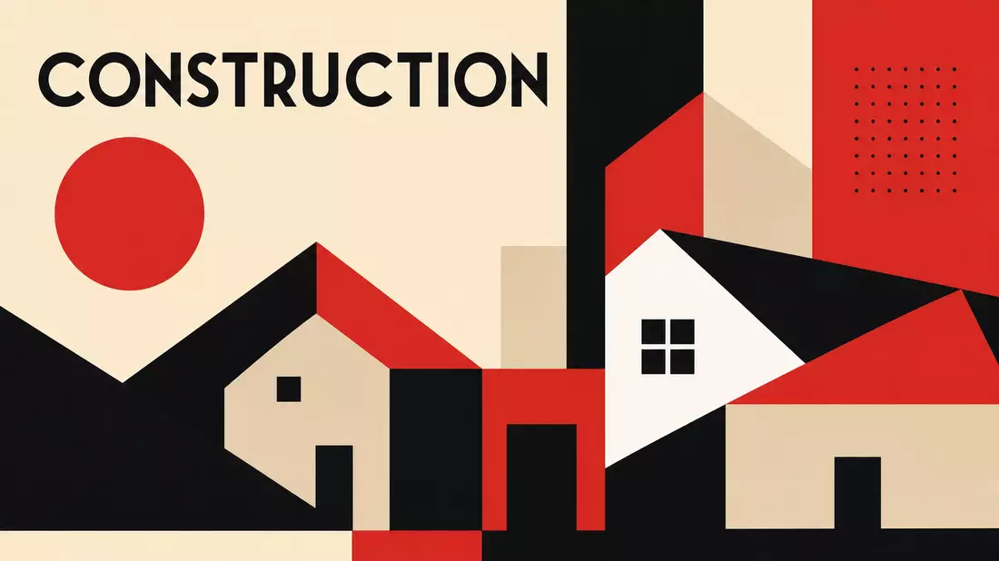 Geometrisches Bauhaus-Poster mit Häuserformen und dem Wort Construction