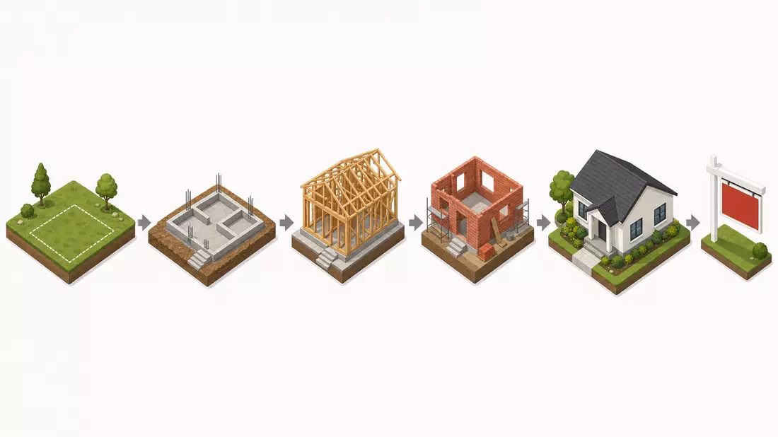 Isometrisches 3D-Diagramm vom Grundstück bis zum fertigen Wohnhaus