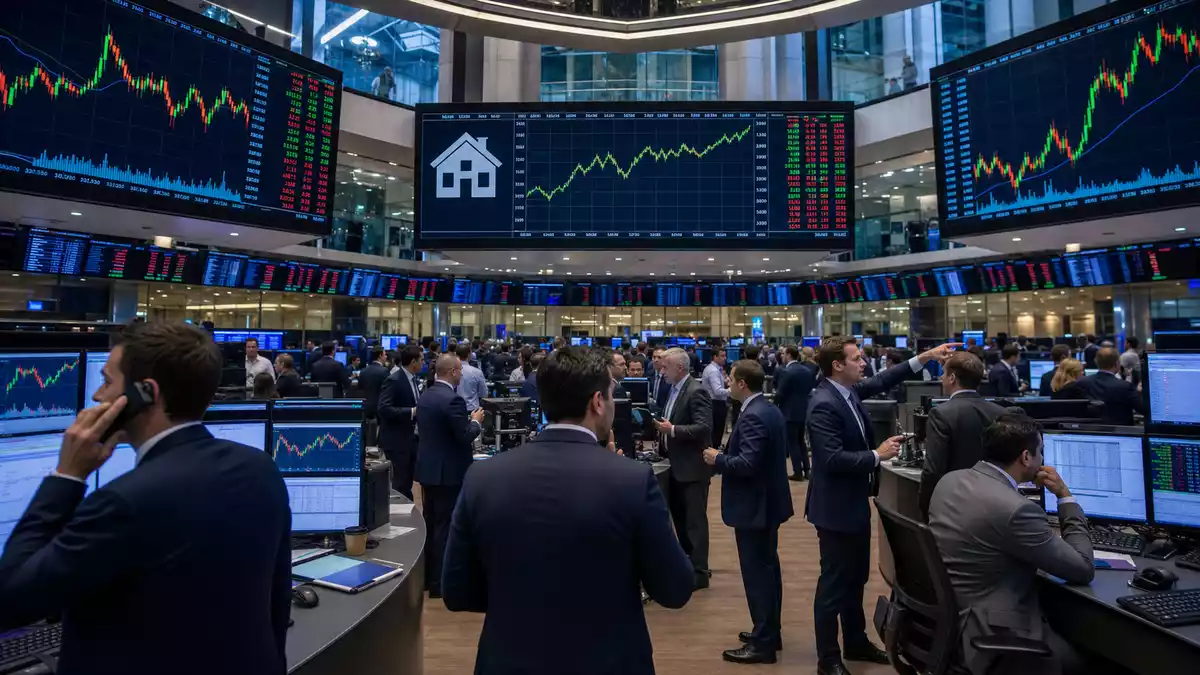Trading-Floor der Börse mit Bildschirmen und Haus-Symbol für Baubranche