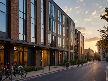 The Unite Group plc GB0033872168 zeigt fotorealistisch ein modernes Studentenwohnheim in britischer Universitätsstadt bei Sonnenuntergang - Foto: THN