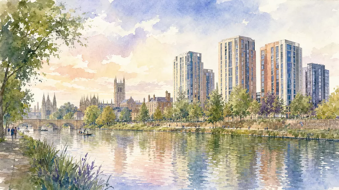 Aquarellmalerei einer britischen Universitätsstadt mit Wohntürmen und Fluss in Pastellfarben