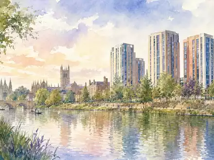 The Unite Group plc GB0033872168 präsentiert aquarellhaft eine britische Universitätsstadt mit modernen Wohntürmen am Flussufer - Foto: THN