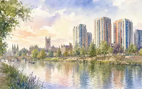 The Unite Group plc GB0033872168 präsentiert aquarellhaft eine britische Universitätsstadt mit modernen Wohntürmen am Flussufer - Foto: THN