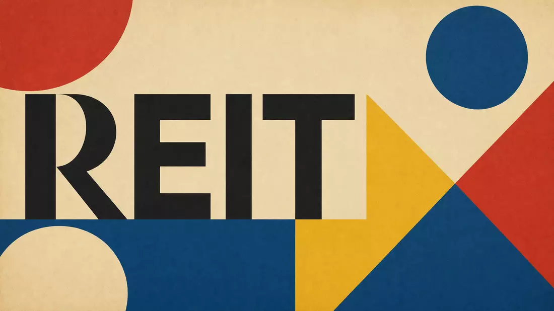 Bauhaus-Poster mit geometrischen Formen und großer Typografie REIT in kräftigen Farben