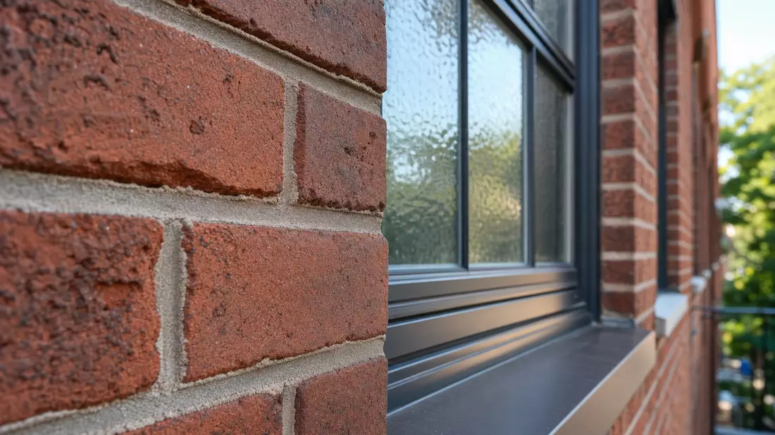 Makroaufnahme von Backsteinstruktur und Fensterrahmen einer modernen Gebäudefassade