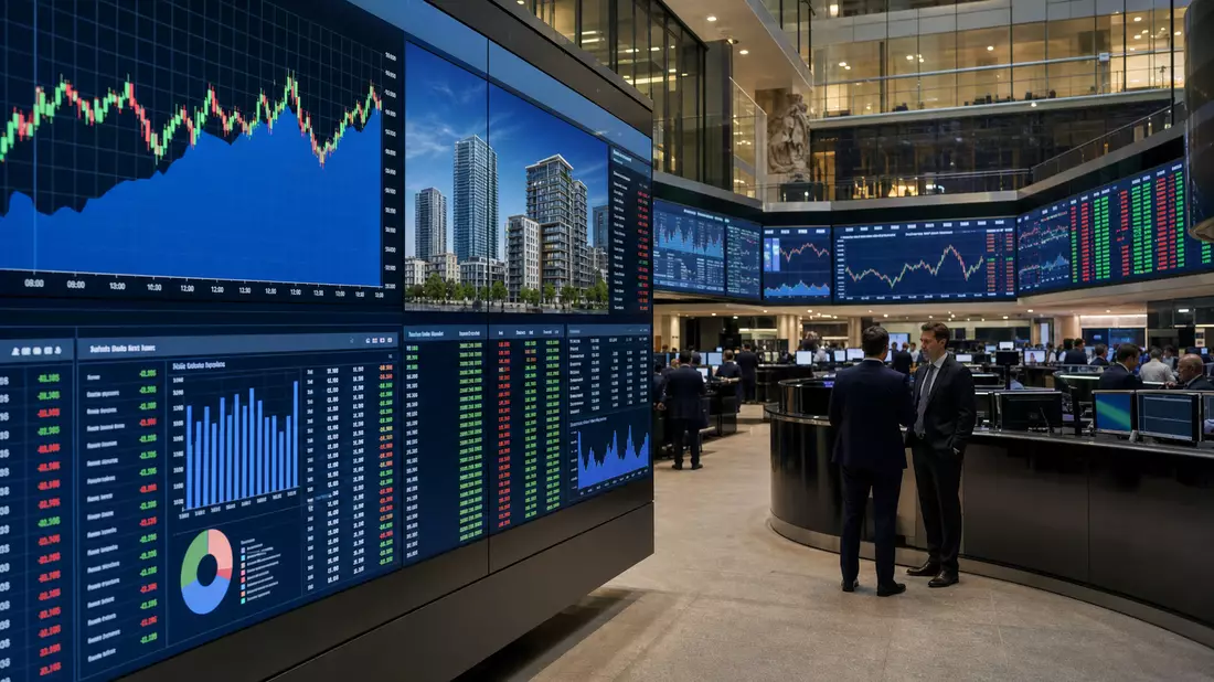 Trading-Floor mit großen Bildschirmen und Immobilien-Charts in professioneller Börsenatmosphäre