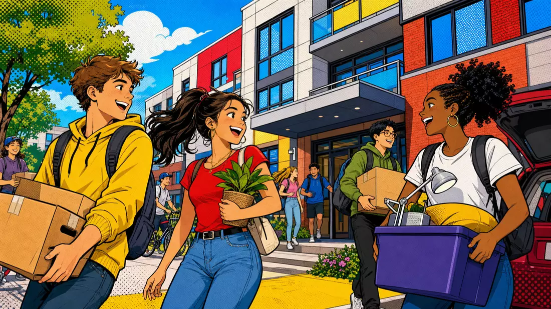 Pop-Art-Comic zeigt fröhliche Studierende beim Einzug in ein farbenfrohes modernes Wohngebäude