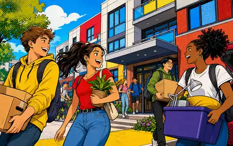 The Unite Group plc GB0033872168 erscheint als farbenfrohe Pop-Art-Comic-Szene mit einziehenden fröhlichen Studierenden davor - Foto: THN