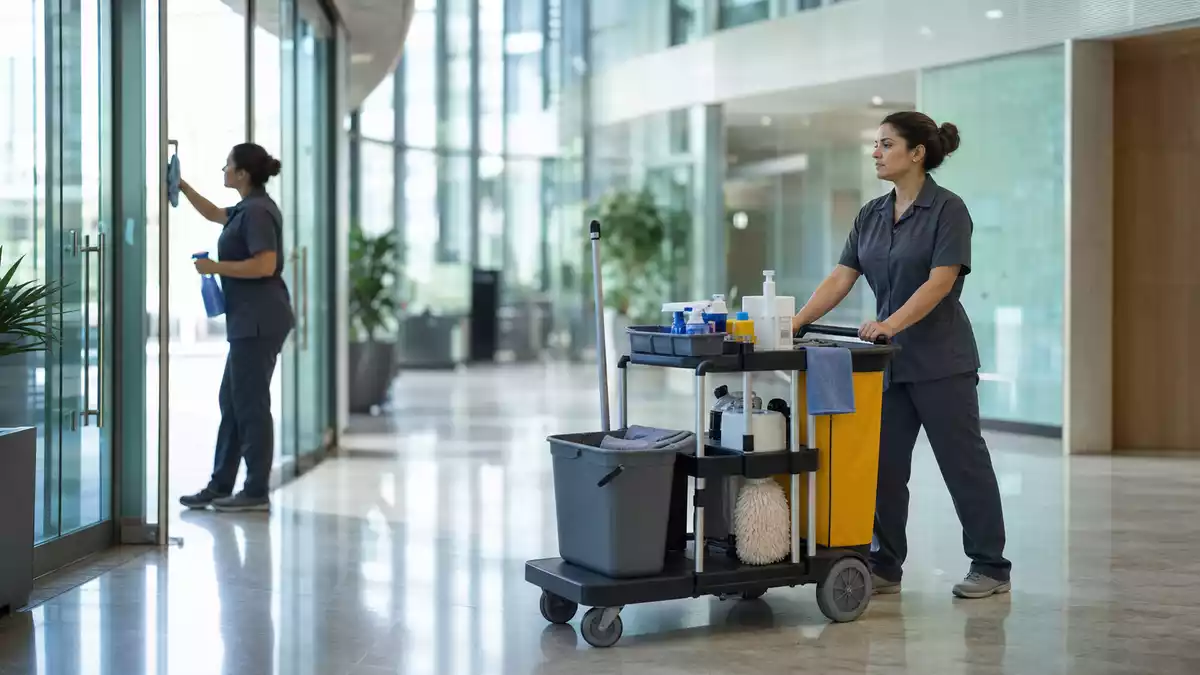 Reinigungskräfte mit Wagen in heller Bürolobby mit Glasfassade