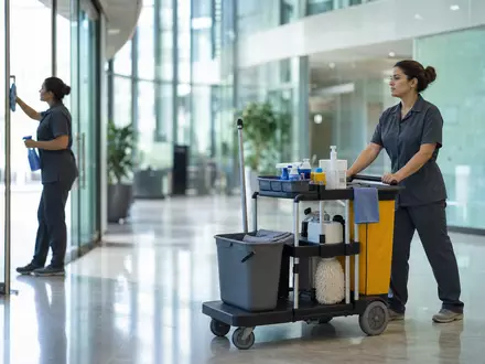 ISS A/S (DK0010181304) zeigt professionelle Gebäudereinigung in modernem Bürogebäude mit Reinigungswagen und Glasfassade - Foto: THN