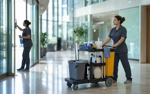ISS A/S (DK0010181304) zeigt professionelle Gebäudereinigung in modernem Bürogebäude mit Reinigungswagen und Glasfassade - Foto: THN