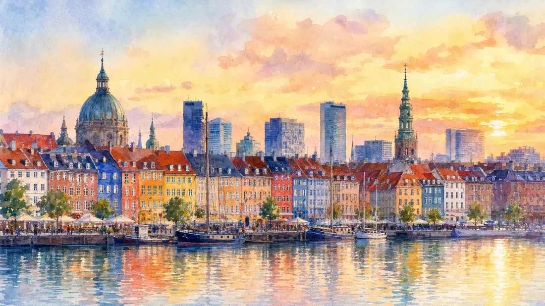 Aquarellmalerei der Kopenhagener Skyline mit Hafen bei Sonnenuntergang