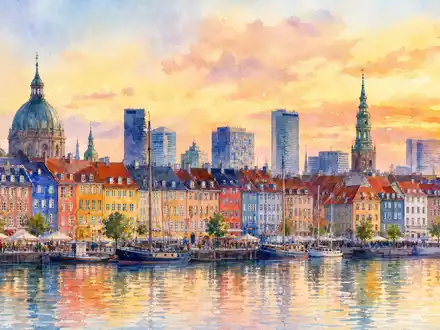 ISS A/S (DK0010181304) präsentiert Kopenhagens Skyline in warmer Aquarell-Optik mit Hafenhäusern und modernen Bürotürmen - Foto: THN