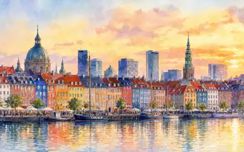 ISS A/S (DK0010181304) präsentiert Kopenhagens Skyline in warmer Aquarell-Optik mit Hafenhäusern und modernen Bürotürmen - Foto: THN