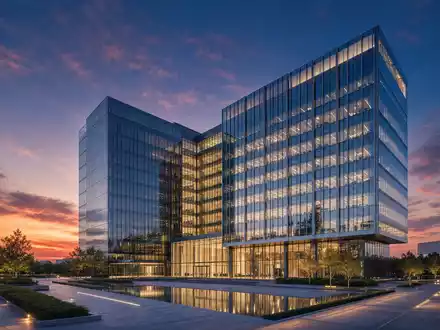 ISS A/S (DK0010181304) illustriert modernes Glas-Hochhaus als Hauptsitz mit beleuchteter Fassade in Architektur-Render-Optik - Foto: THN