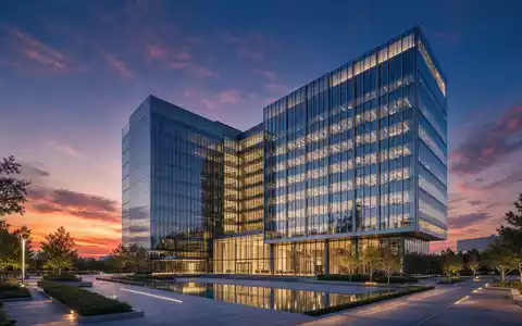 ISS A/S (DK0010181304) illustriert modernes Glas-Hochhaus als Hauptsitz mit beleuchteter Fassade in Architektur-Render-Optik - Foto: THN