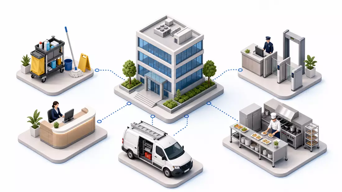 Isometrische 3D-Grafik der Facility-Management-Wertschöpfungskette