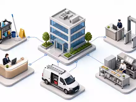 ISS A/S (DK0010181304) visualisiert isometrische Wertschöpfungskette mit Reinigung, Sicherheit, Catering und Empfang im Facility-Management - Foto: THN