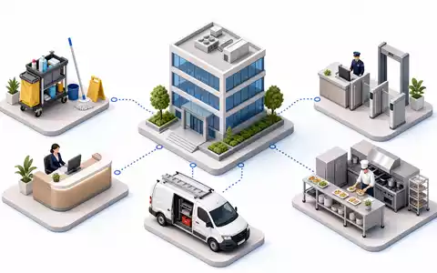 ISS A/S (DK0010181304) visualisiert isometrische Wertschöpfungskette mit Reinigung, Sicherheit, Catering und Empfang im Facility-Management - Foto: THN