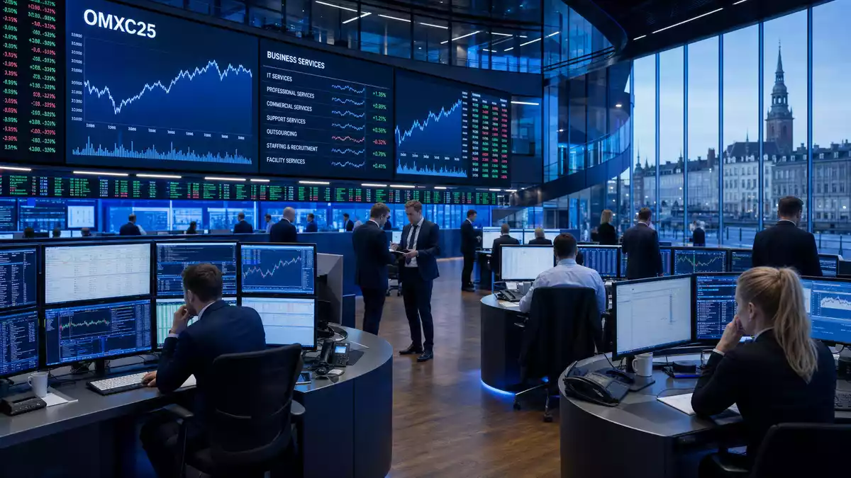 Trading-Floor mit OMXC25-Charts und Business-Services-Kursdaten