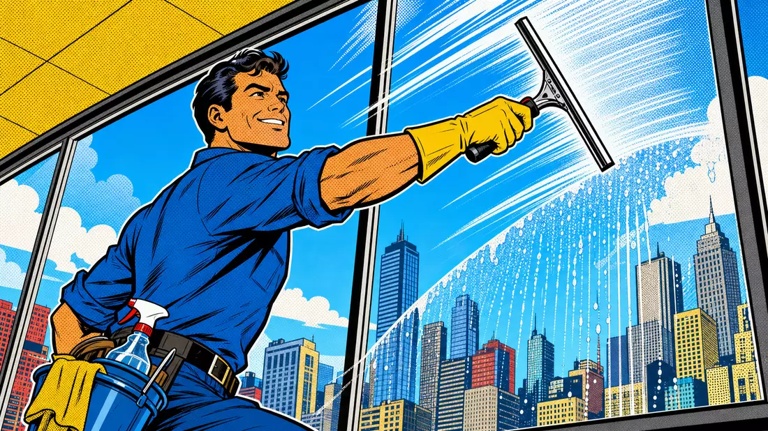 Pop-Art-Comic eines Fensterreinigers mit Abzieher vor Stadtsilhouette