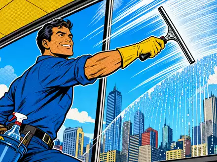 ISS A/S (DK0010181304) erscheint als farbenfrohe Pop-Art-Comic-Szene mit Fensterreiniger vor urbaner Skyline im Retro-Stil - Foto: THN