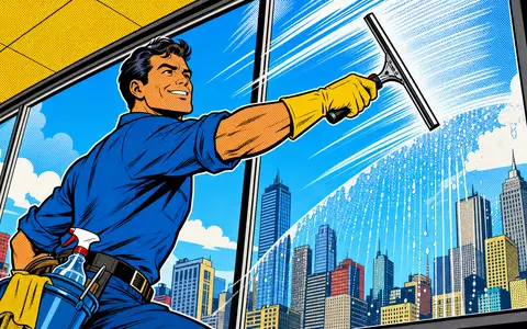 ISS A/S (DK0010181304) erscheint als farbenfrohe Pop-Art-Comic-Szene mit Fensterreiniger vor urbaner Skyline im Retro-Stil - Foto: THN